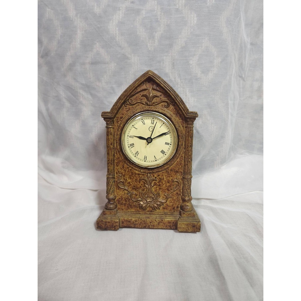 Vintage Gothic Arched Mantel Clock Fleur-de-Lis Faux Stone Roman Numeral Brown